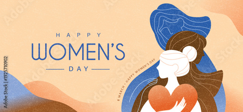 A modern illustration for Women’s Day, featuring a woman with a heart in her hands, in a beautiful geometric style with soft colors and the message "Happy Women's Day" in bold typography.