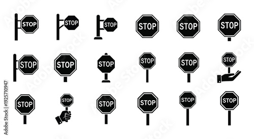 Multiple stop signs with varying hand gestures black silhouette