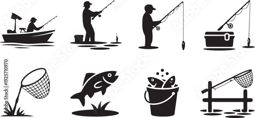 Collection of black silhouette fishing icons illustrating different methods like boat fishing and catching fish