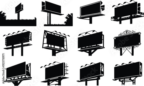 Empty Billboard Frame Silhouette Icon Vector Advertising Billboard Typography Silhouette Set