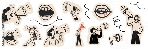 Collection of hand drawn people using megaphones for announcement and communication doodle concepts