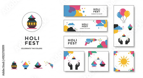 Vibrant holi festival celebration elements with colorful symbols and text banners