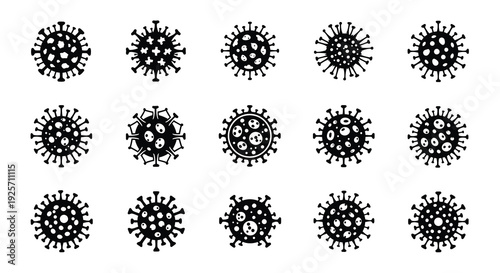 Various coronavirus cell structures displayed in a repeating pattern silhouette