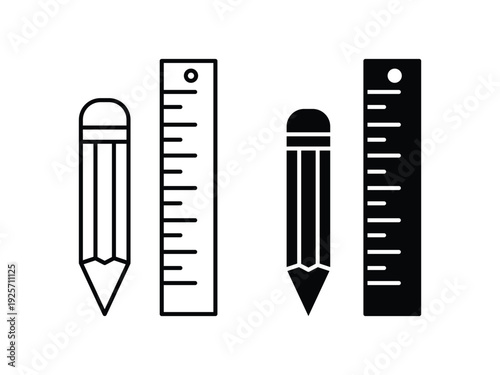 Pencil and ruler icon set. outline and flat glyph style.