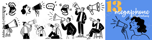 Collection of hand drawn people using megaphones for announcement and communication doodle concepts