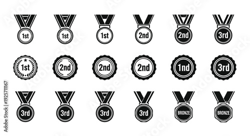 Collection of black award ribbons and medals in a row silhouette