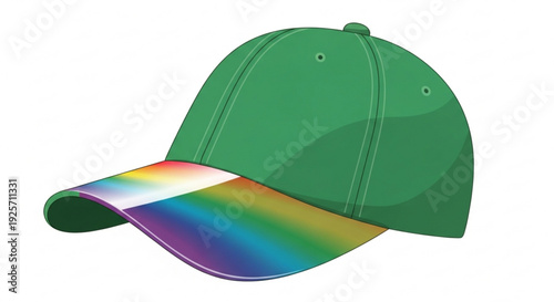 Green baseball cap with rainbow colored brim symbolizing diversity and inclusivity on white background