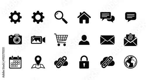 Collection of black glyph icons representing various digital functions silhouette