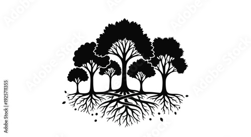 black silhouette trees with roots on white background