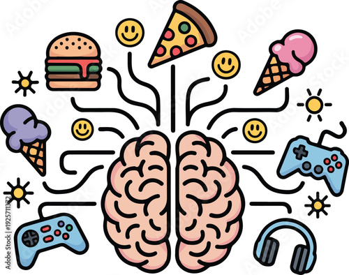 A happy brain connected to various sources of pleasure including fast food and gaming in a network.