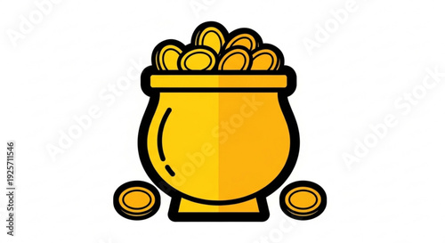 Golden pot filled with shiny coins symbolizing wealth and prosperity with a few coins spilling out
