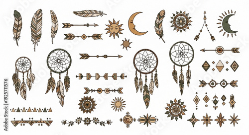 Bohemian tribal elements and symbols collection.