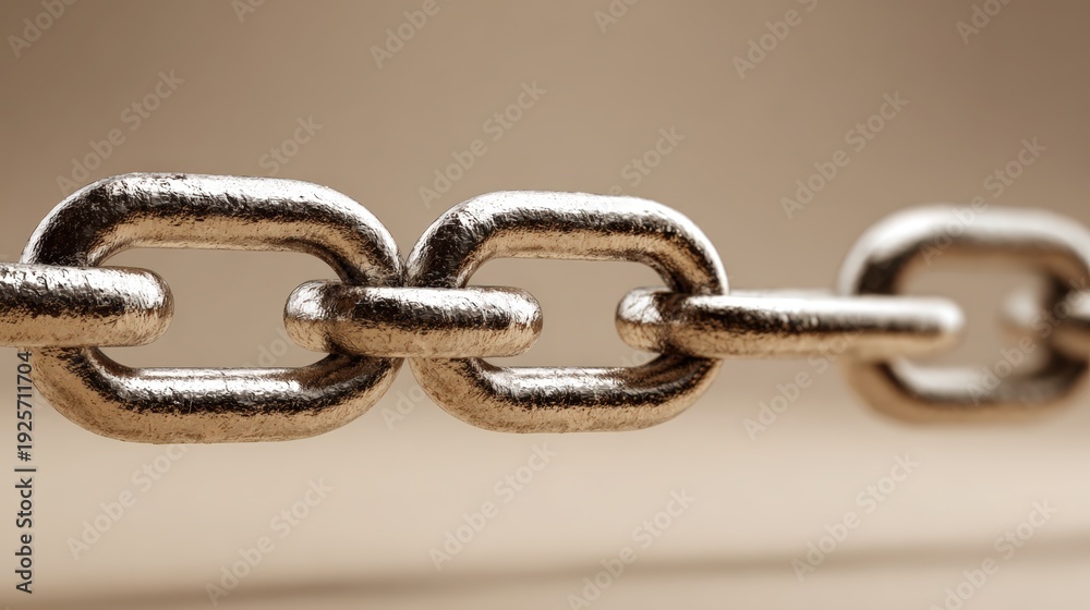 Fototapeta premium Close-up of metallic chain links on warm beige background with soft lighting