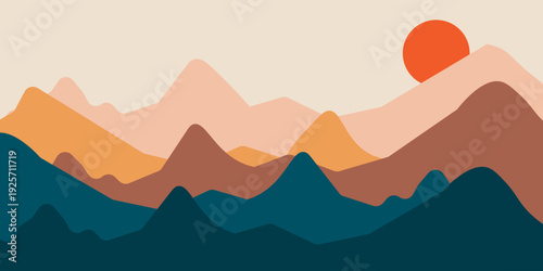 Abstract landscape poster. Nature wall decor contemporary art prints, medieval mountains backdrop.