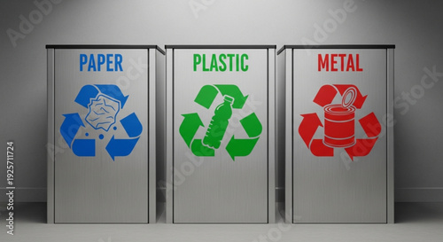 Recycling bins for paper plastic and metal in a gray room with recycling symbols