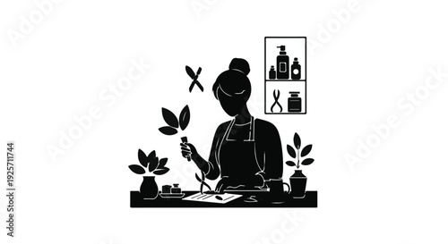 woman gardener silhouette, pruning plants, gardening tools