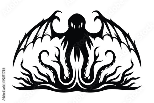 Silhouette of a Powerful Mythic Kraken Creature with Many Moving Tentacles