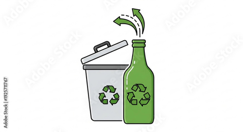Green glass bottle with recycling symbol being recycled into a green recycling bin with an open lid and recycling arrows