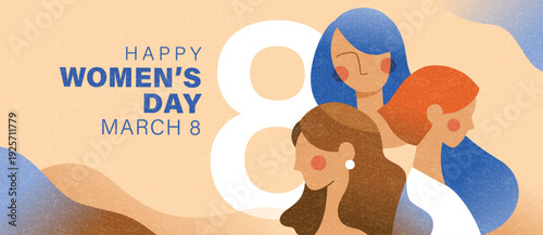 Women's Day poster featuring three women with different hair colors and styles, illustrated in a minimalistic and modern geometric style with the message "Happy Women's Day" in bold typography.