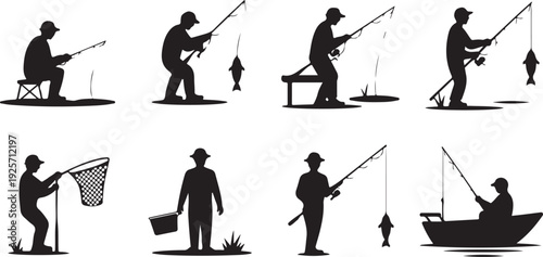 Diverse collection of male fishermen silhouettes in various positions actively catching fish outdoors