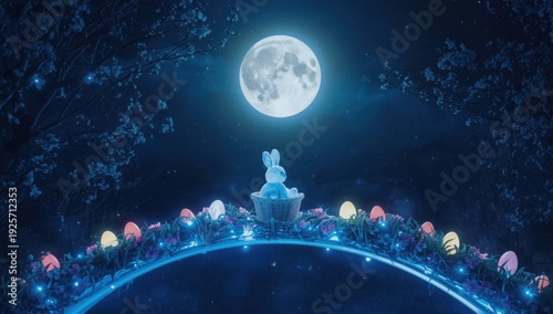 Blue Easter bunny in basket on grassy hill with glowing eggs under full moon rabbit