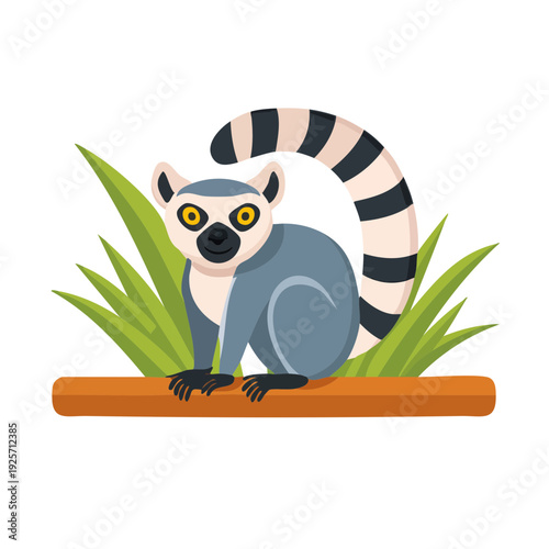 A cartoonish lemur is perched on a branch, gazing at the viewer with curiosity, with green grass in the background. Its tail is prominently displayed. 
