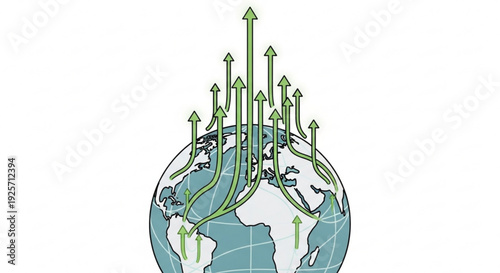 Global migration and travel routes illustrated on earth with green arrows indicating movement and flow across continents