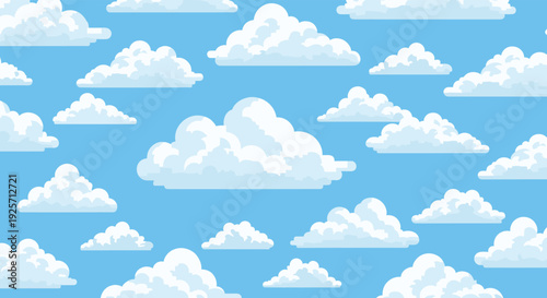 Peaceful seamless pattern of fluffy white pixel art clouds drifting across a bright blue sky, creating a classic retro video game or cartoon-style background.