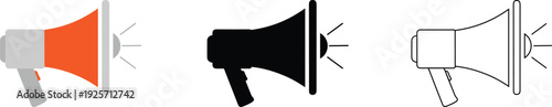 Megaphone icon collection. Includes flat, solid, and outline style symbols. Created in modern style with orange, black, and white palette.