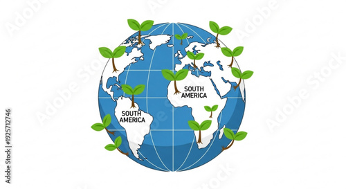 Blue globe with green sprouts growing around south america and north america continents on white background