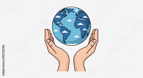 Hands cradling the earth globe with clouds and blue oceans on white background