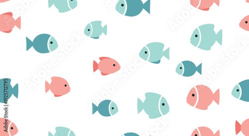 Cute pink and blue cartoon fish of various sizes swim across a clean white background in a simple and charming seamless pattern.