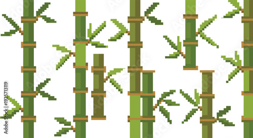 Pixel art illustration of green bamboo stalks and leaves creates a vertical seamless pattern inspired by Asian nature, perfect for a retro game background.