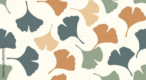 Seamless pattern of stylized ginkgo biloba leaves in a calming, earthy color palette of teal, rust, and sage on a simple off-white background.