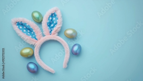 Pink fuzzy bunny ears headband with blue polka dot interior and colorful Easter eggs on blue background