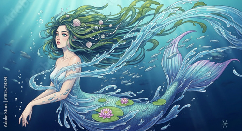 Beautiful Mermaid with flowing hair and tail underwater.
