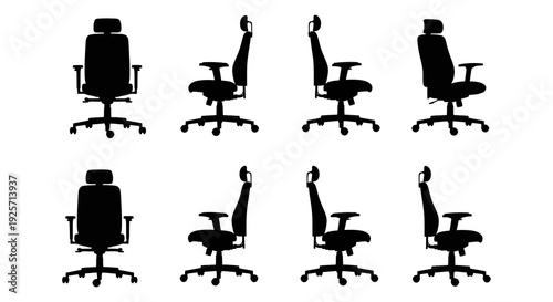 Silhouettes of office chairs in various positions and perspectives displayed in a grid