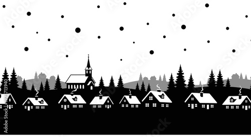 Winter village silhouette with snowy backdrop and distant church steeple