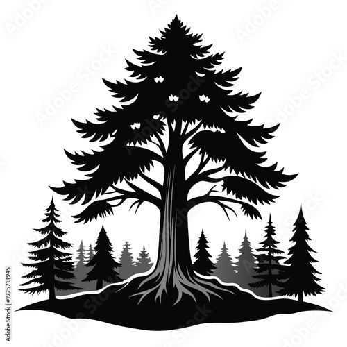 giant tree pine forest silhouette line art vector illustration with a white background