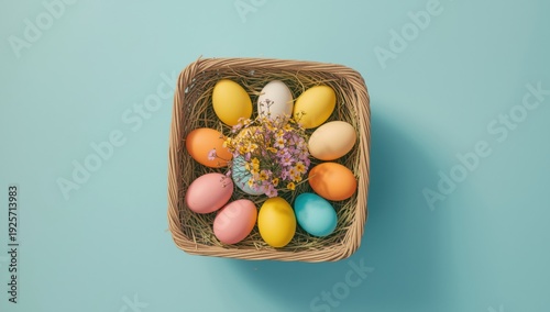Easter eggs in a wicker basket with flowers on a blue background pastel colors