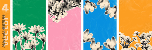 Cut out halftone flowers vertical banner templates set. Vintage crumpled paper texture color backgrounds set. Punk dot spring floral poster, cover, card collage design Mixed media vector illustration 