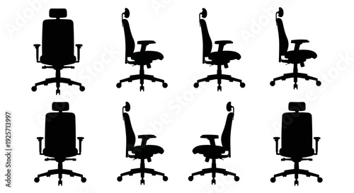 Silhouettes of office chairs in varying designs and perspectives displayed on white