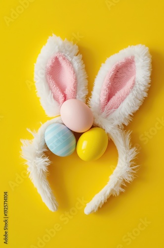 White fuzzy bunny ears headband with pink inner ears and three colorful Easter eggs on yellow background