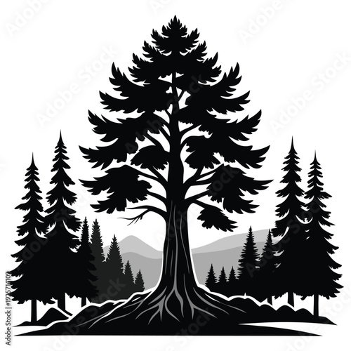 giant tree pine forest silhouette line art vector illustration with a white background