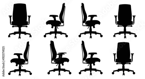 Silhouettes of office chairs in varying styles and perspectives on a white background