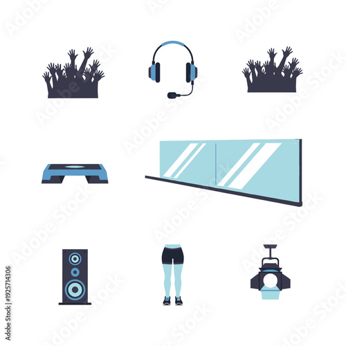 Flat Vector Icons of Group Fitness Classes and Coordinated Gym Workouts