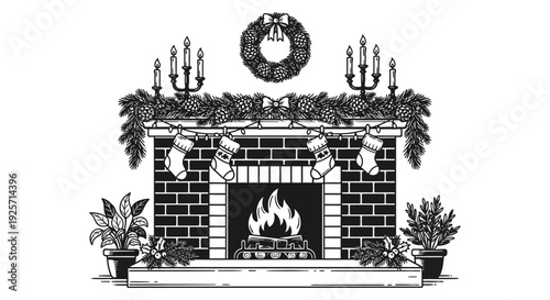 Festive fireplace scene with wreath stockings and burning fire sketched in black and white