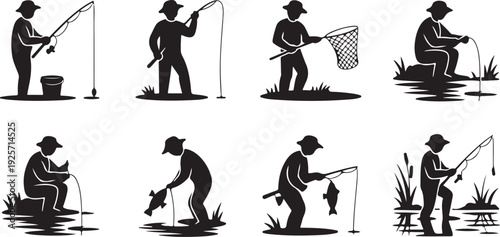 A collection of black silhouette icons depicting a fisherman engaged in various angling activities