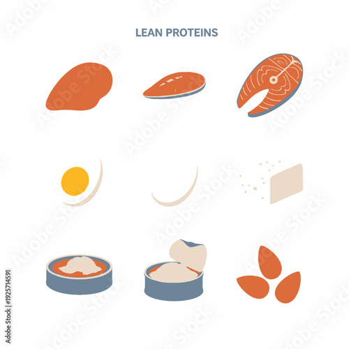 Flat Vector Icons of Lean Proteins and Muscle Building Nutritional Foods