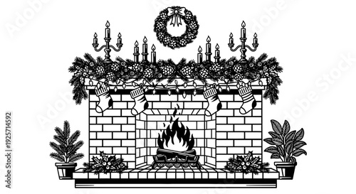 Festive christmas fireplace scene with stockings wreath and burning fire